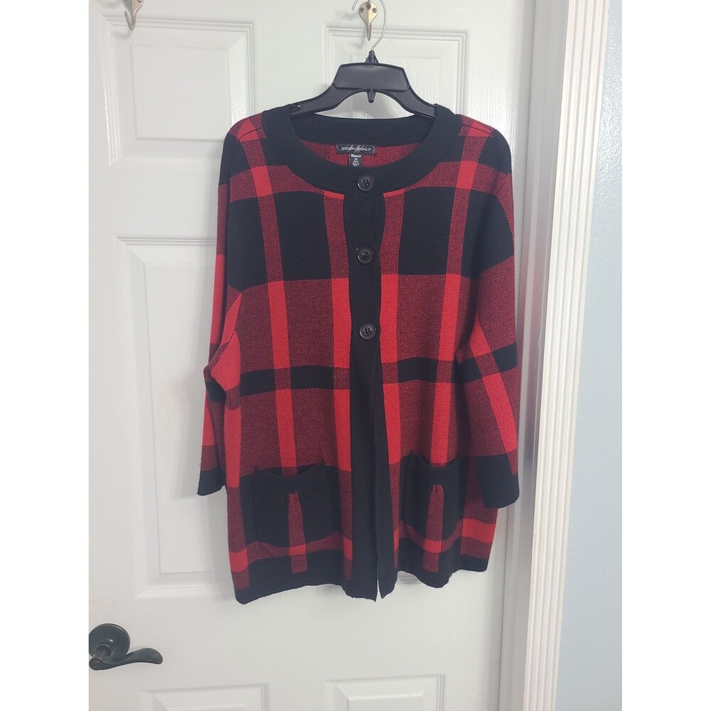 Vintage Style Designers Originals 1X Red Black Buffalo Plaid Knit Cardig